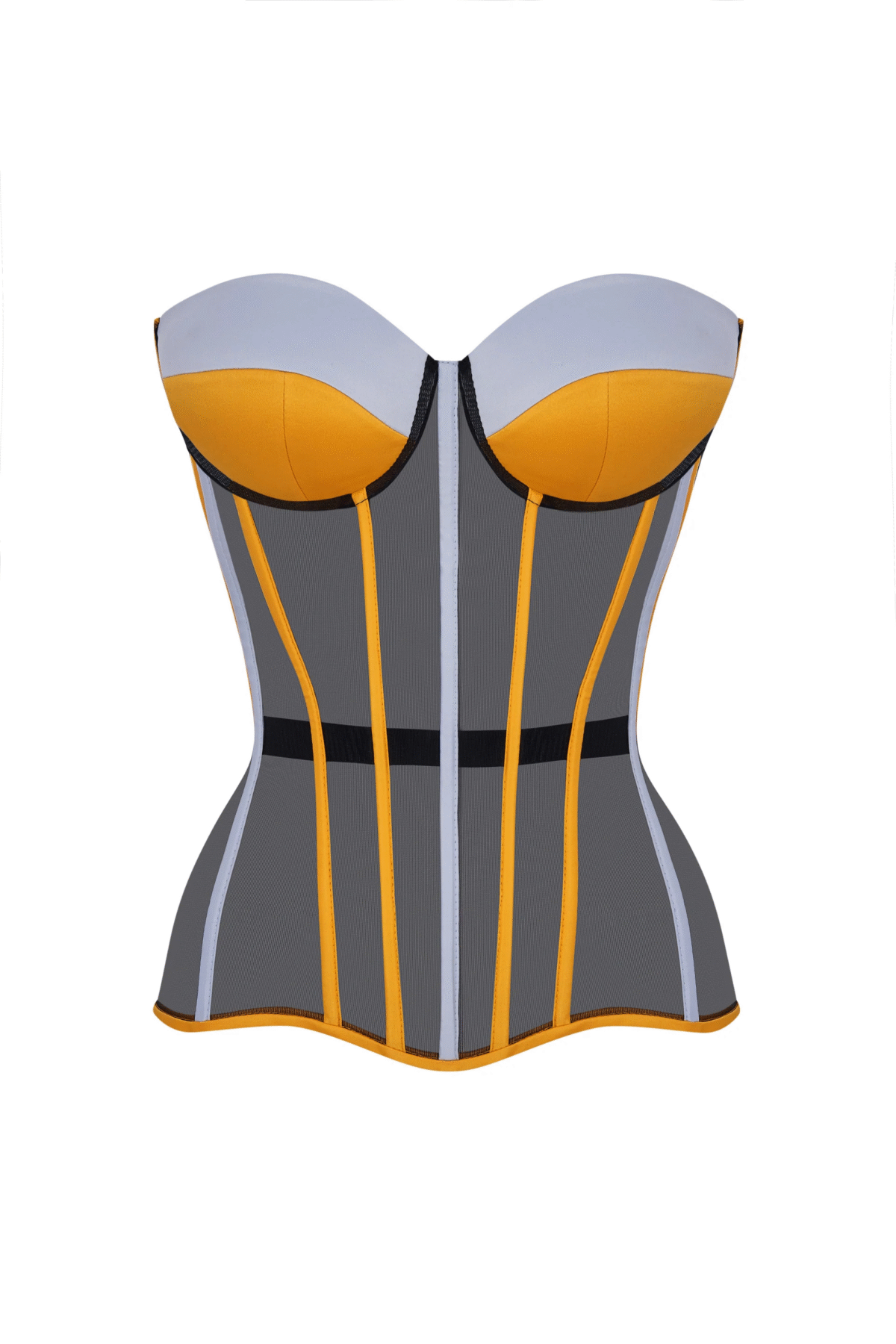 Black Satin Corset Top with Yellow and Blue Cups