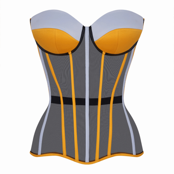 Black Satin Corset Top with Yellow and Blue Cups
