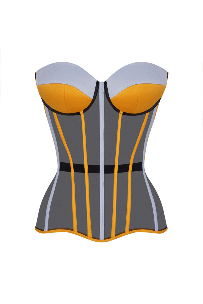 Black Satin Corset Top with Yellow and Blue Cups