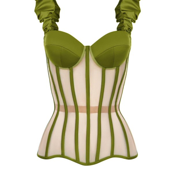 Olive Satin Corset Top with Mesh Reliefs and Shoulder Straps