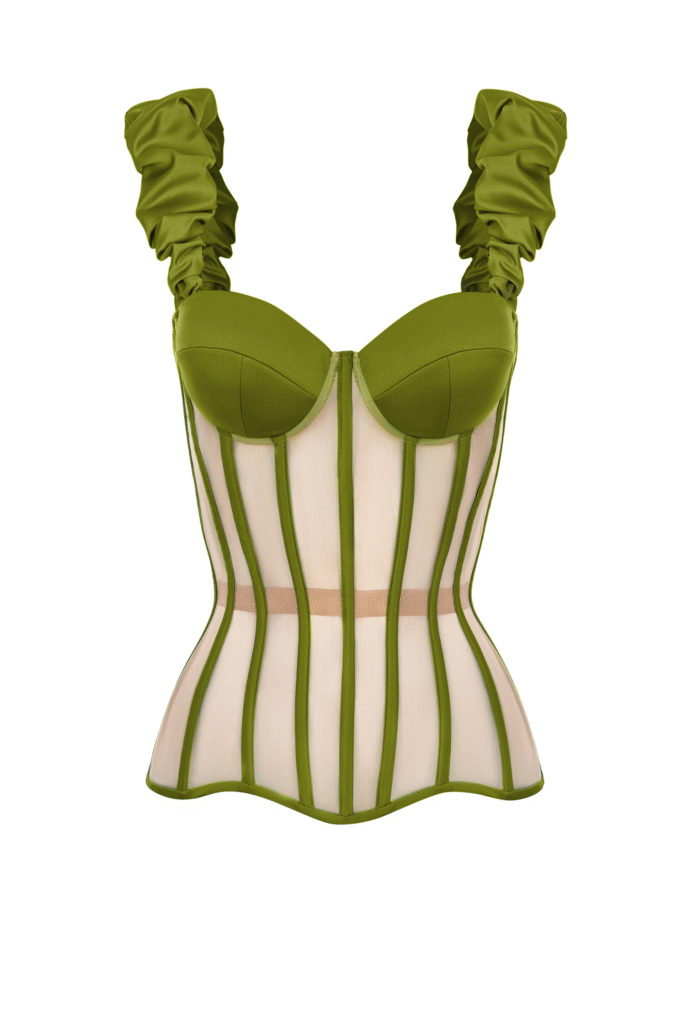 Olive Satin Corset Top with Mesh Reliefs and Shoulder Straps