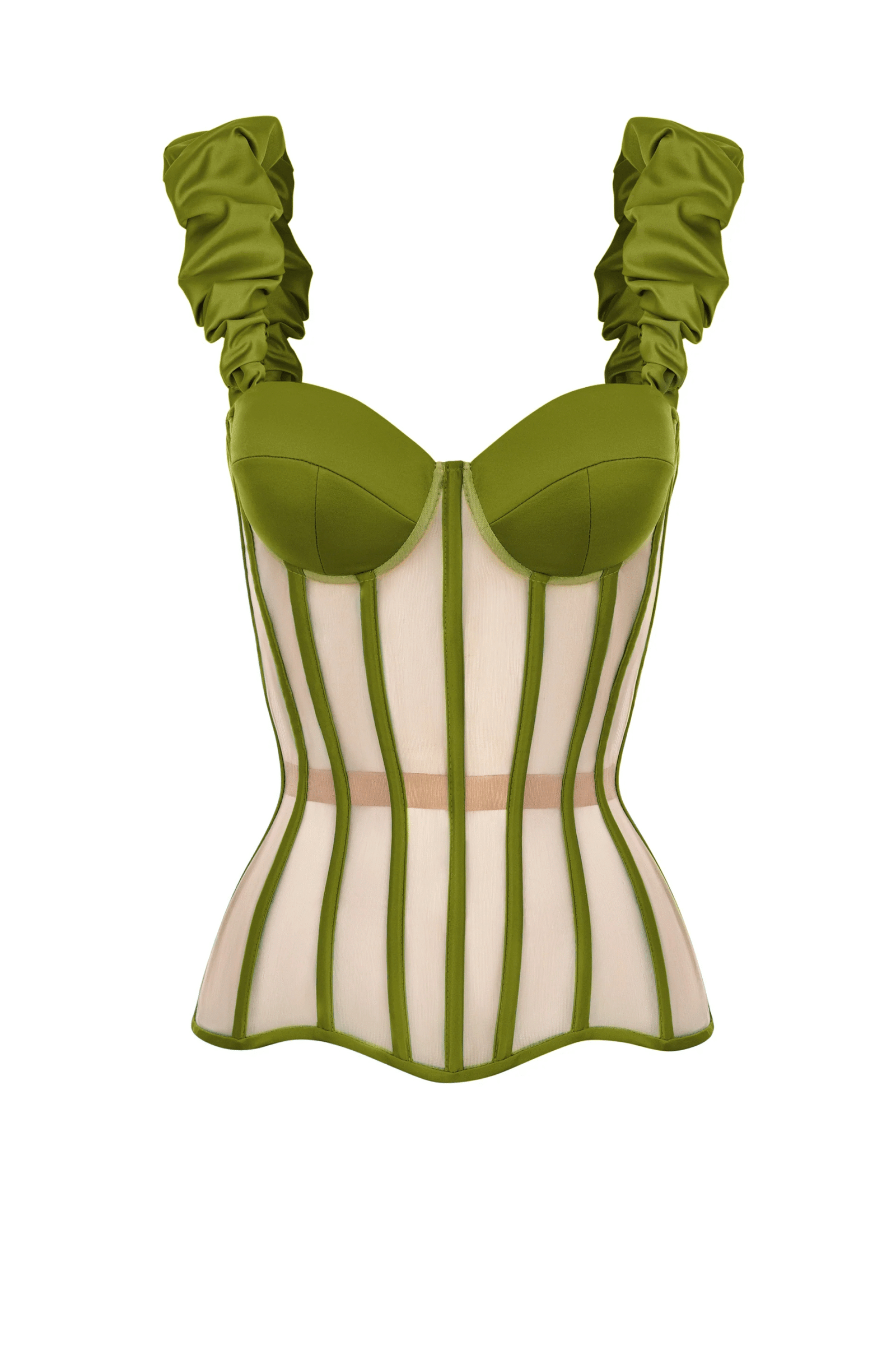 Olive Satin Corset Top with Mesh Reliefs and Shoulder Straps Olive Satin Corset Top with Mesh Reliefs and Shoulder Straps