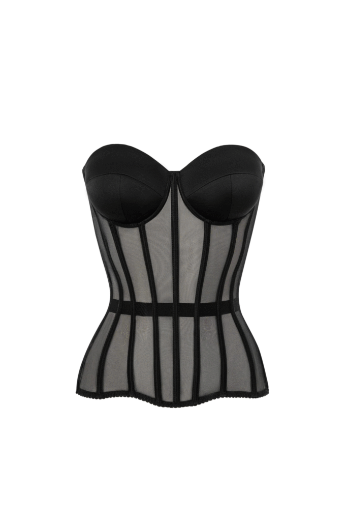 Black Satin Overbust Corset Top with Transparent Front