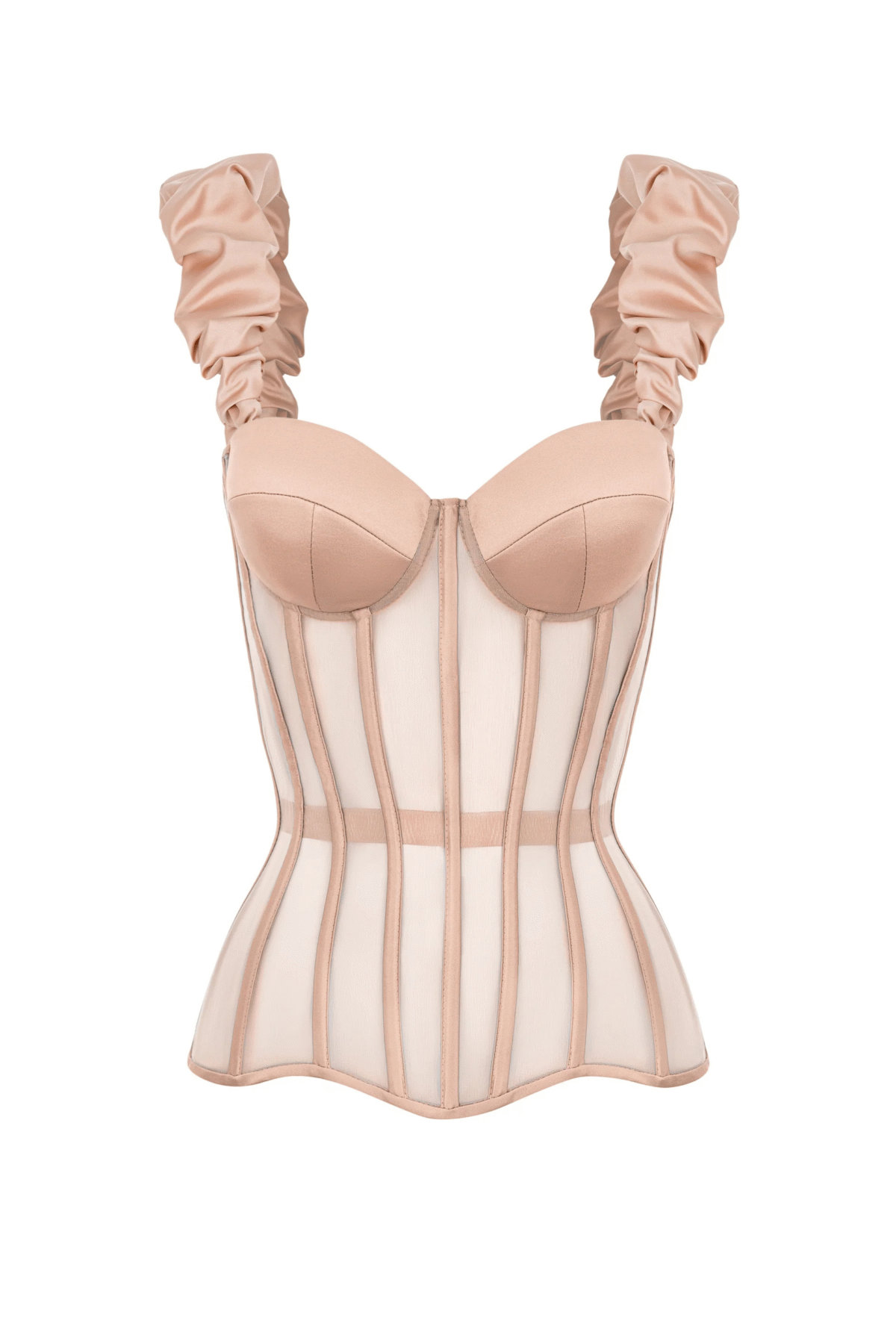 Beige Overbust Satin Corset with Reliefs and Detachable Straps