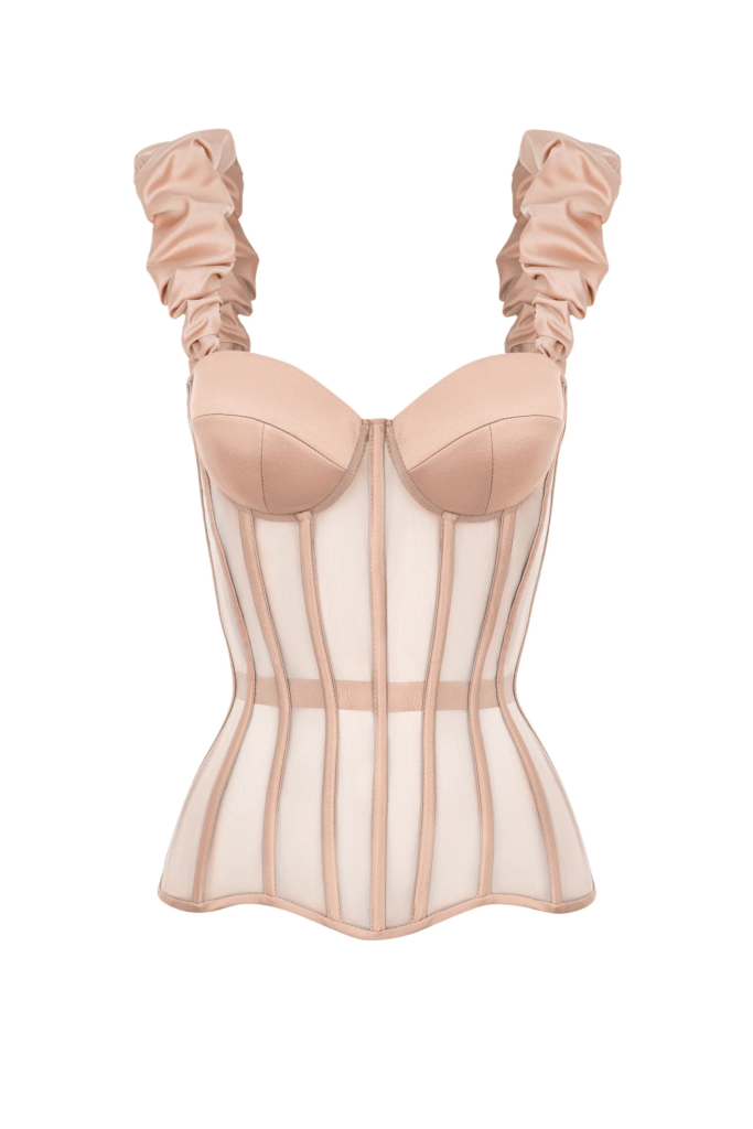 Beige Overbust Satin Corset with Reliefs and Detachable Straps