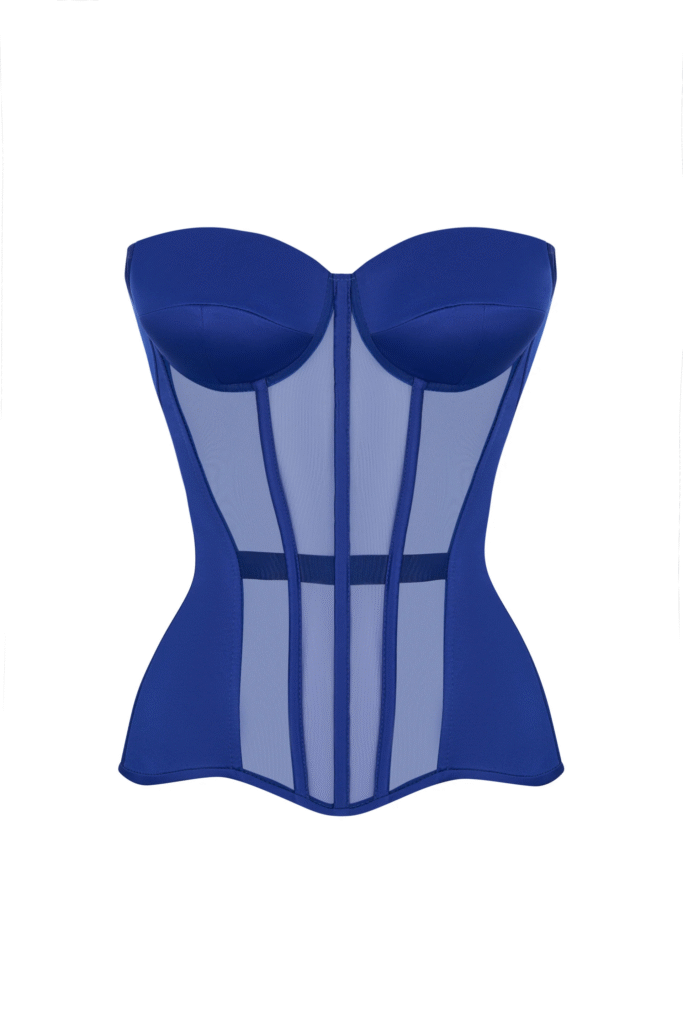 Blue Satin Corset Top with Transparent Front
