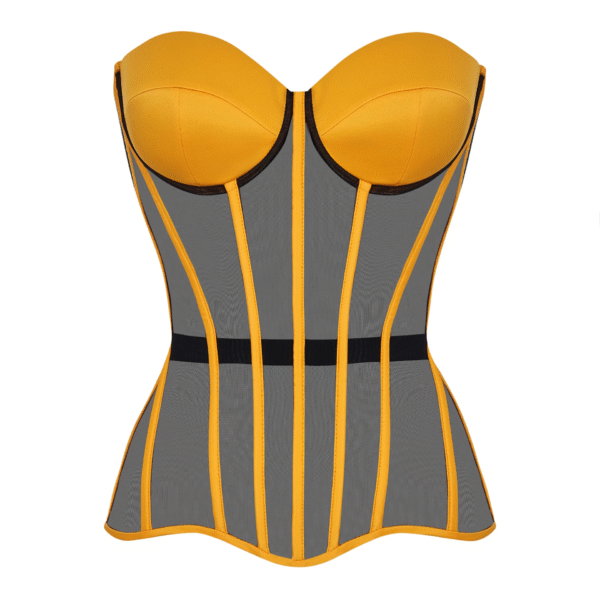 Yellow Overbust Satin Corset Top with Black Mesh Front