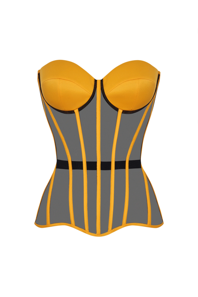 Yellow Overbust Satin Corset Top with Black Mesh Front
