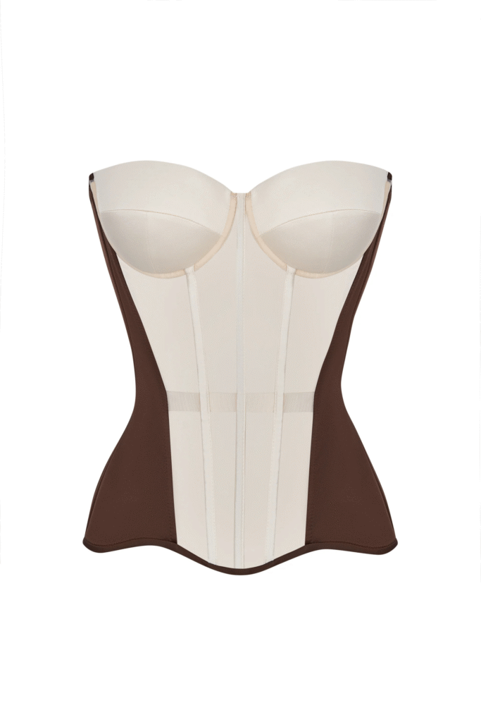 Brown Satin Corset Top with Transparent Front and Milk Reliefs