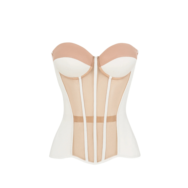 White Overbust Satin Corset Top with Brown Mesh Front