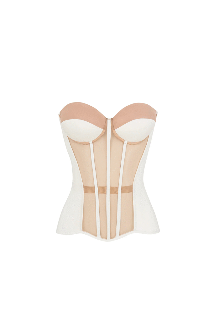 White Overbust Satin Corset Top with Brown Mesh Front