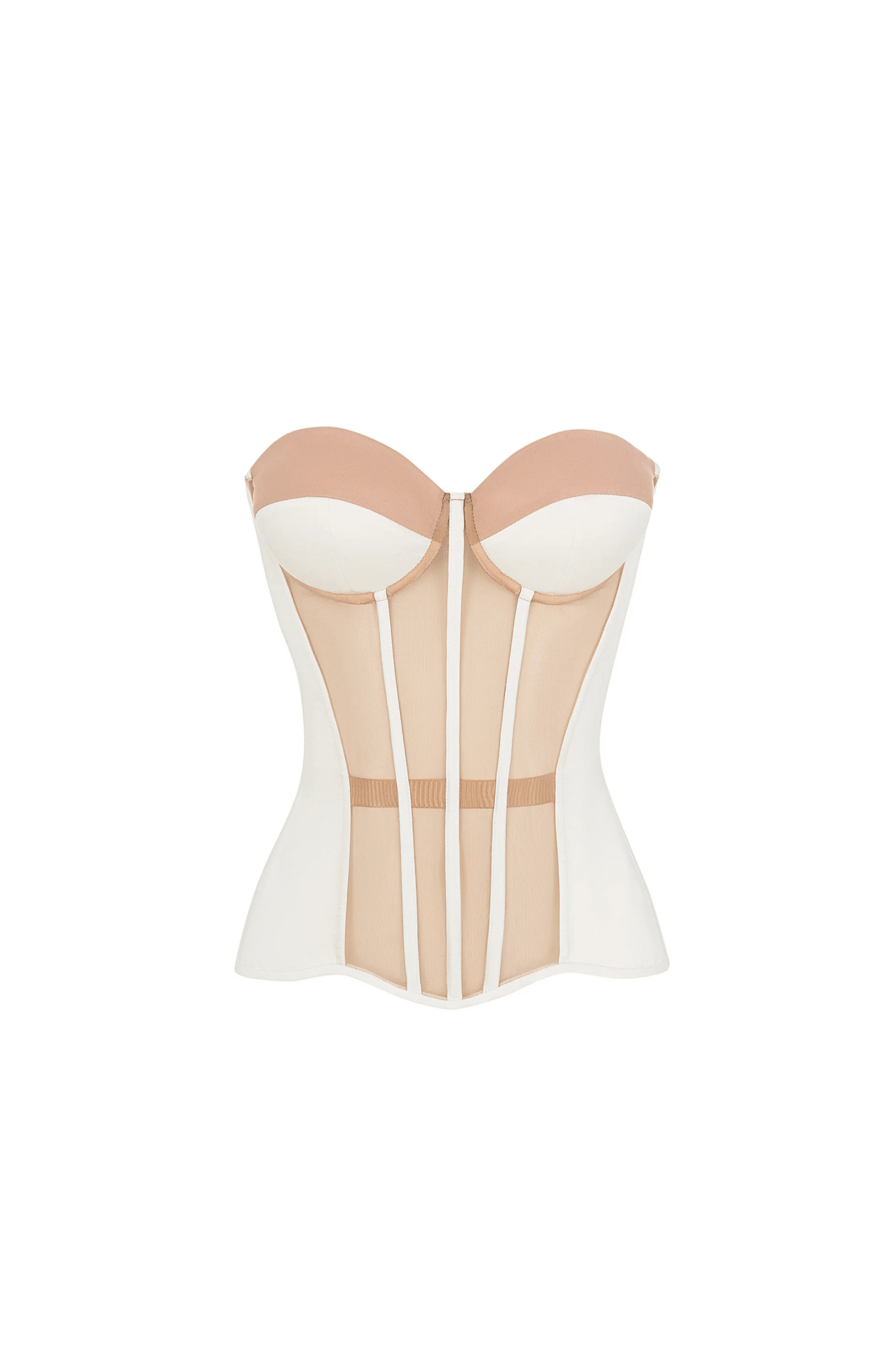 White Overbust Satin Corset Top with Brown Mesh Front White Overbust Satin Corset Top with Brown Mesh Front