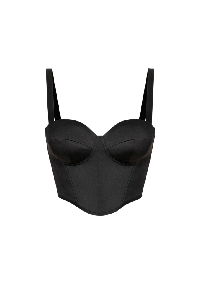 Black Satin Bustier Top Corset with Shoulder Straps