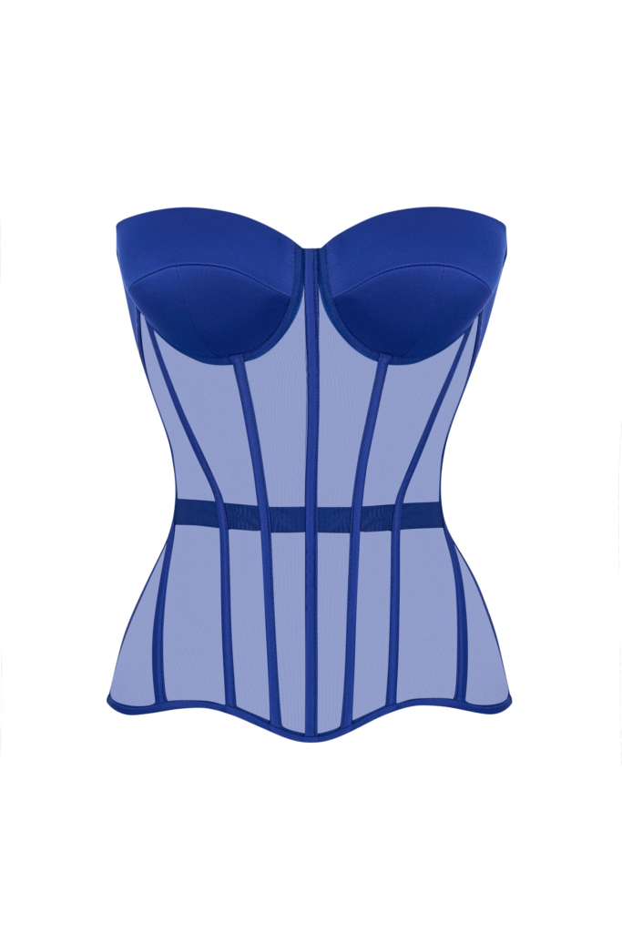 Blue Mesh Overbust Corset Top with Satin Cups