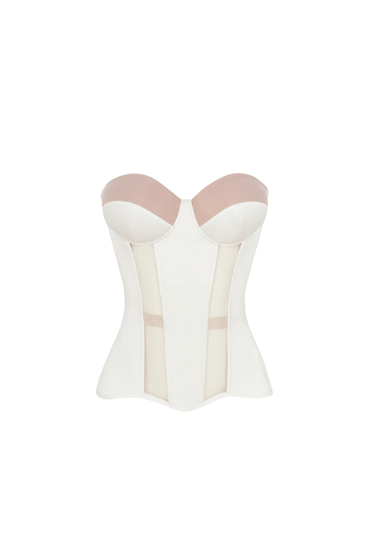 Cupped Corset Top in White Satin and Mesh