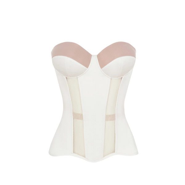 Cupped Corset Top in White Satin and Mesh