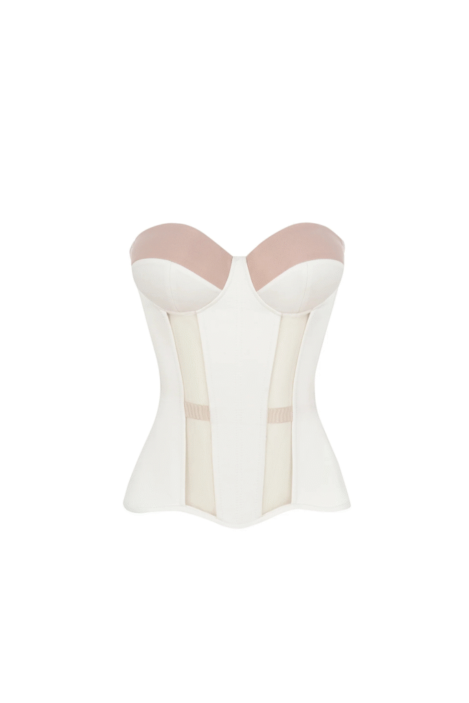 Cupped Corset Top in White Satin and Mesh