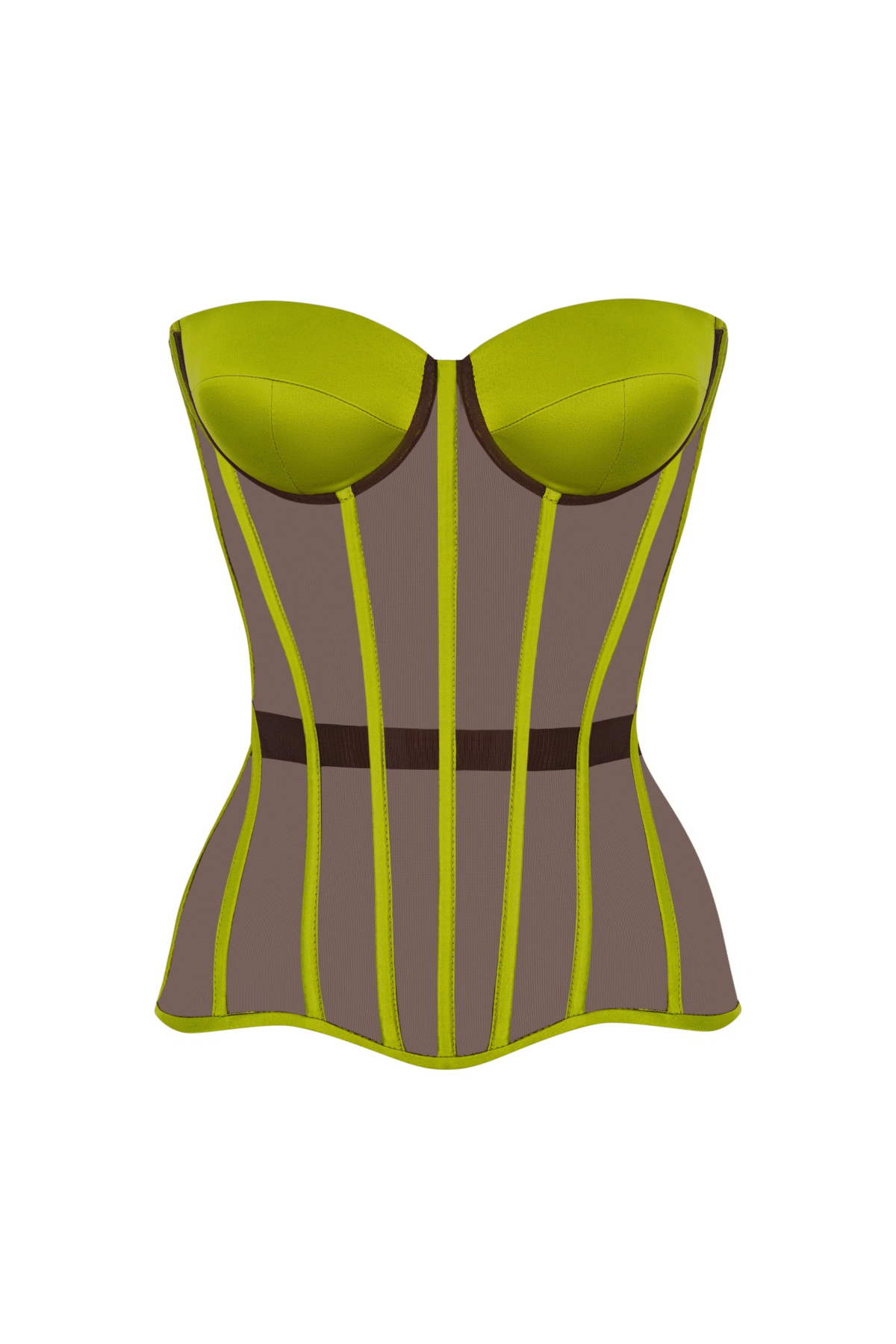 Brown Overbust Satin Corset Top with Olive Reliefs