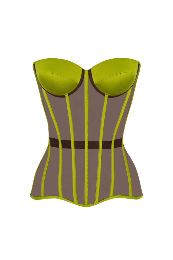Brown Overbust Satin Corset Top with Olive Reliefs