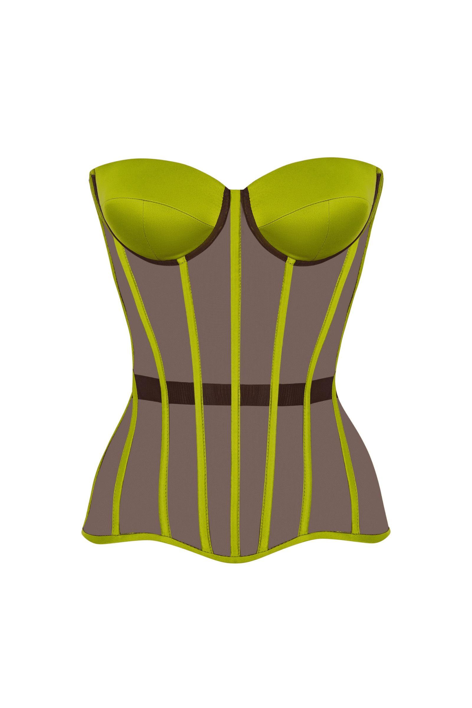 Brown Overbust Satin Corset Top with Olive Reliefs Brown Overbust Satin Corset Top with Olive Reliefs