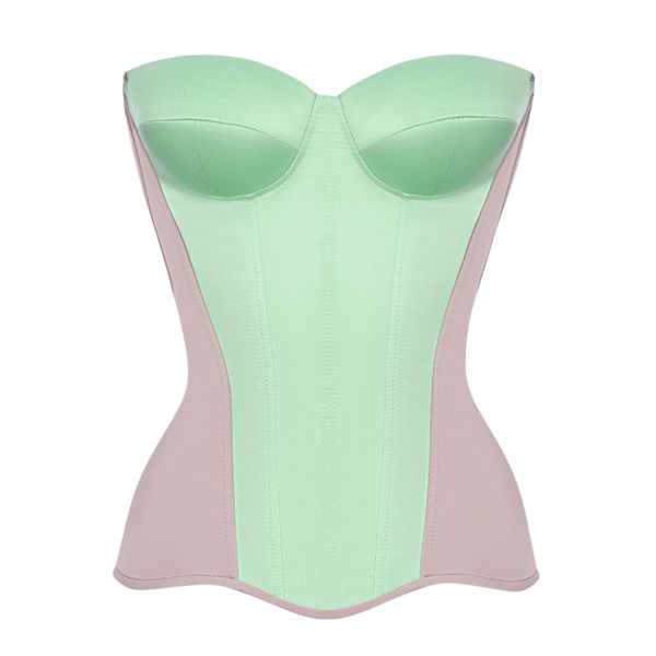 Beige Satin Overbust Corset Top with Mint Front