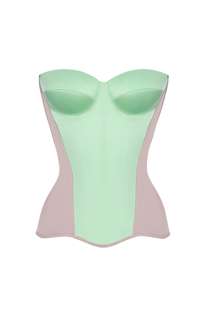Beige Satin Overbust Corset Top with Mint Front