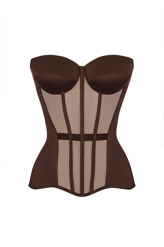 Brown Satin Corset Top with Transparent Mesh Front