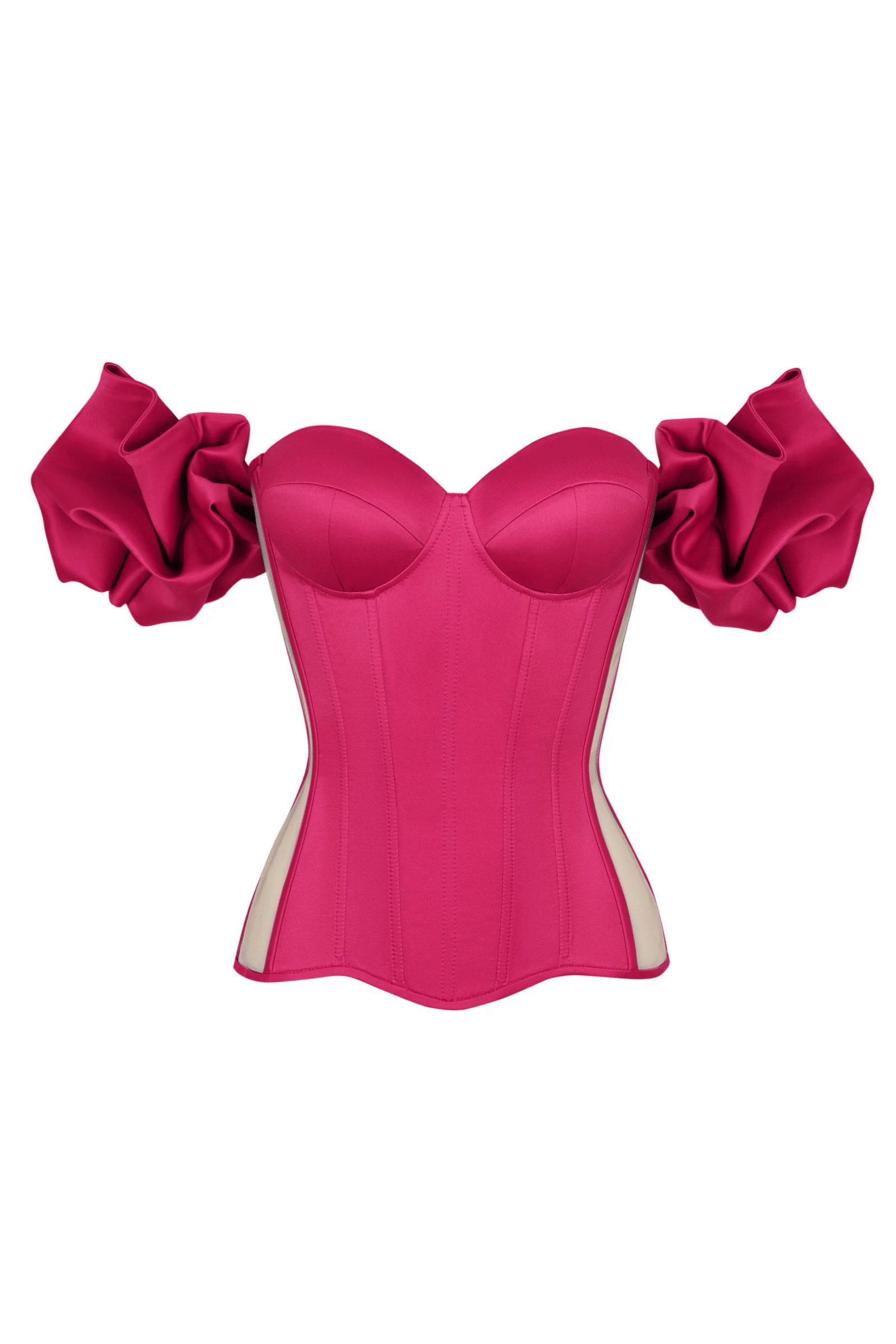 Hot Pink Satin Bustier Corset with Transparent Back and Sleeves Hot Pink Satin Bustier Corset with Transparent Back and Sleeves