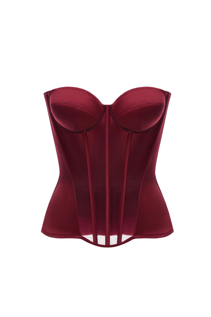Burgundy Overbust Satin Corset Top with Transparent Mesh Front