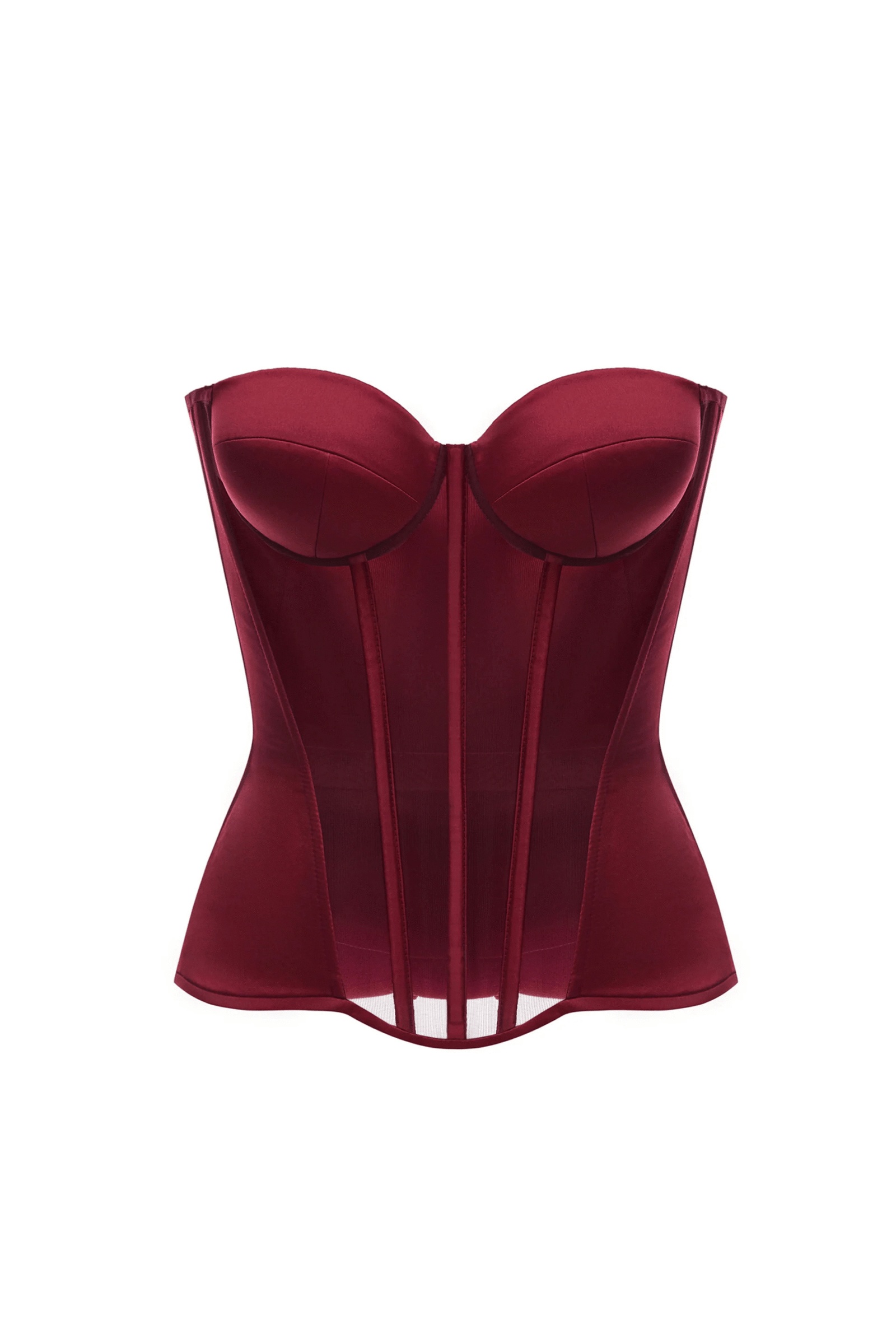 Burgundy Overbust Satin Corset Top with Transparent Mesh Front Burgundy Overbust Satin Corset Top with Transparent Mesh Front