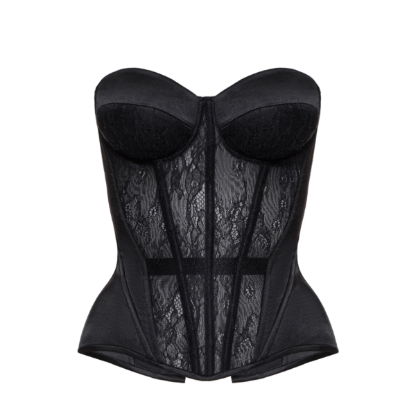 Black Fashion Satin Corset Top with a Floral Lace Front