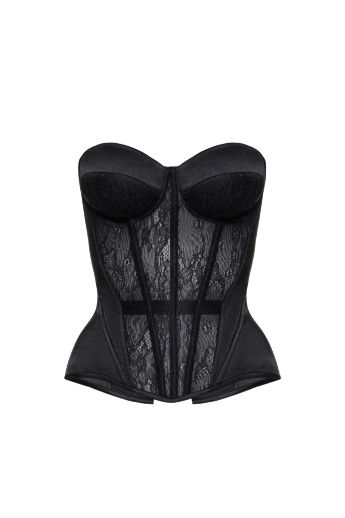 Black Fashion Satin Corset Top with a Floral Lace Front
