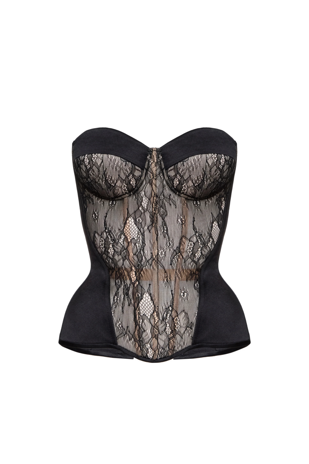 Black Corset Bustier Top Satin with Lace Front on Beige Base