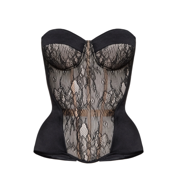 Black Corset Bustier Top Satin with Lace Front on Beige Base