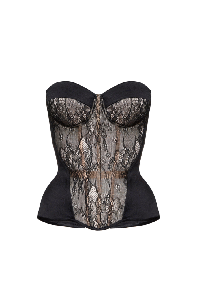 Black Corset Bustier Top Satin with Lace Front on Beige Base