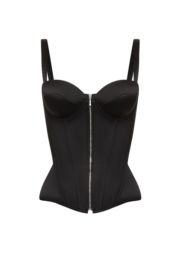 Black Corset Top with Removable Shoulder Straps and Front Zip