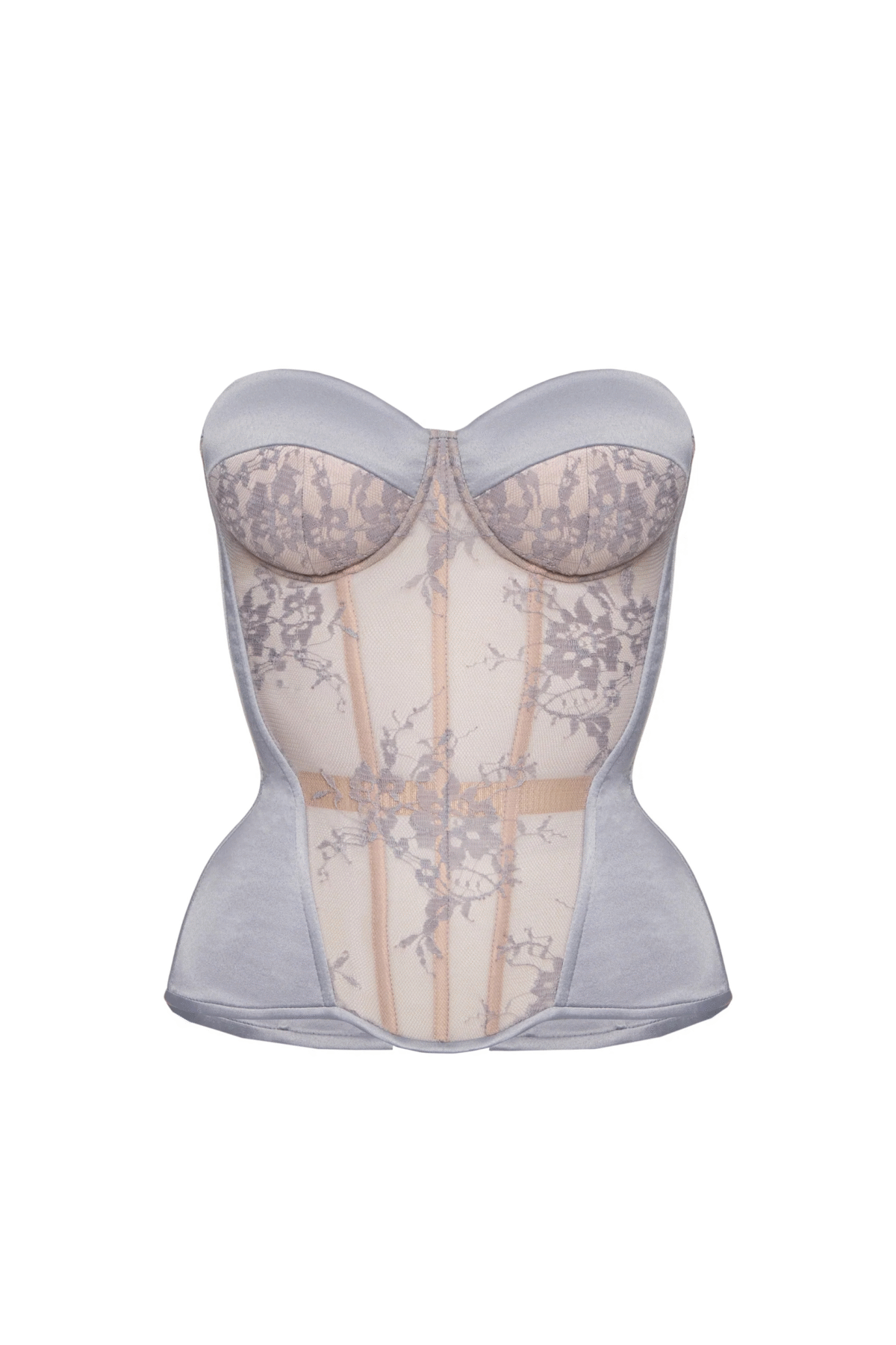 Grey Satin Corset Top with Floral Lace Front