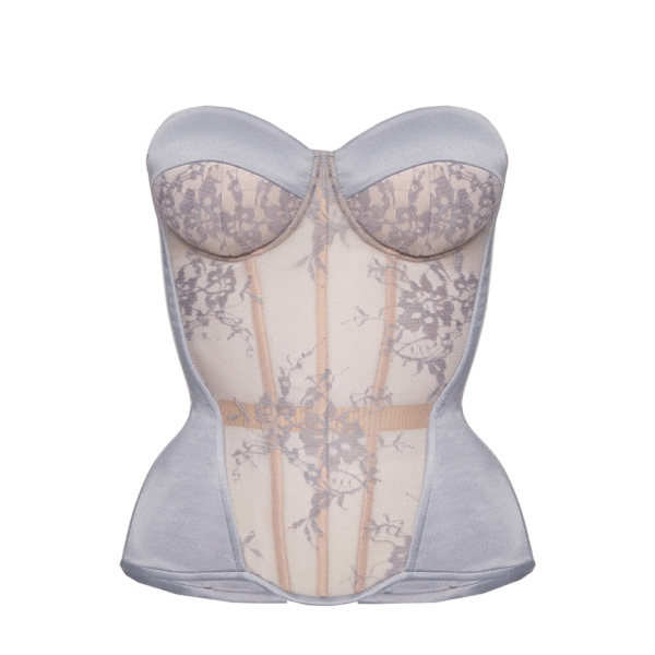 Grey Satin Corset Top with Floral Lace Front