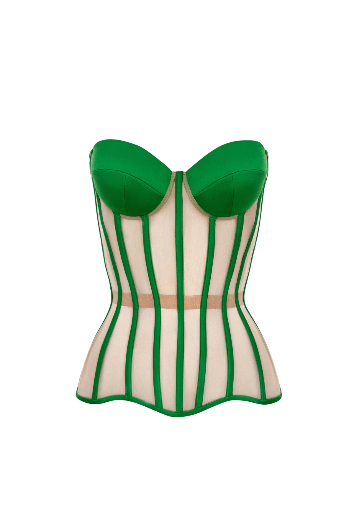 Green Corset with Mesh Reliefs and Satin Cups