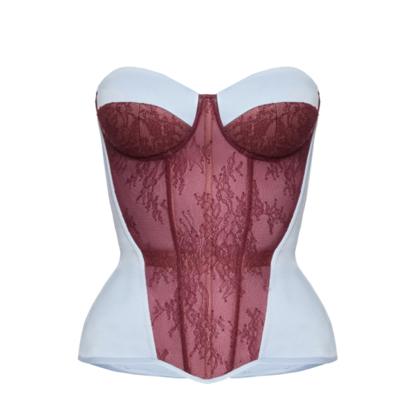 Light Blue Satin Overbust Corset Top With Burgundy Lace Front