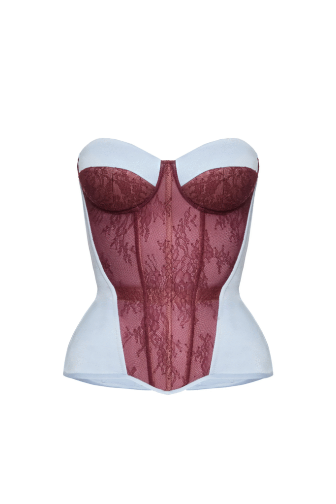 Light Blue Satin Overbust Corset Top With Burgundy Lace Front