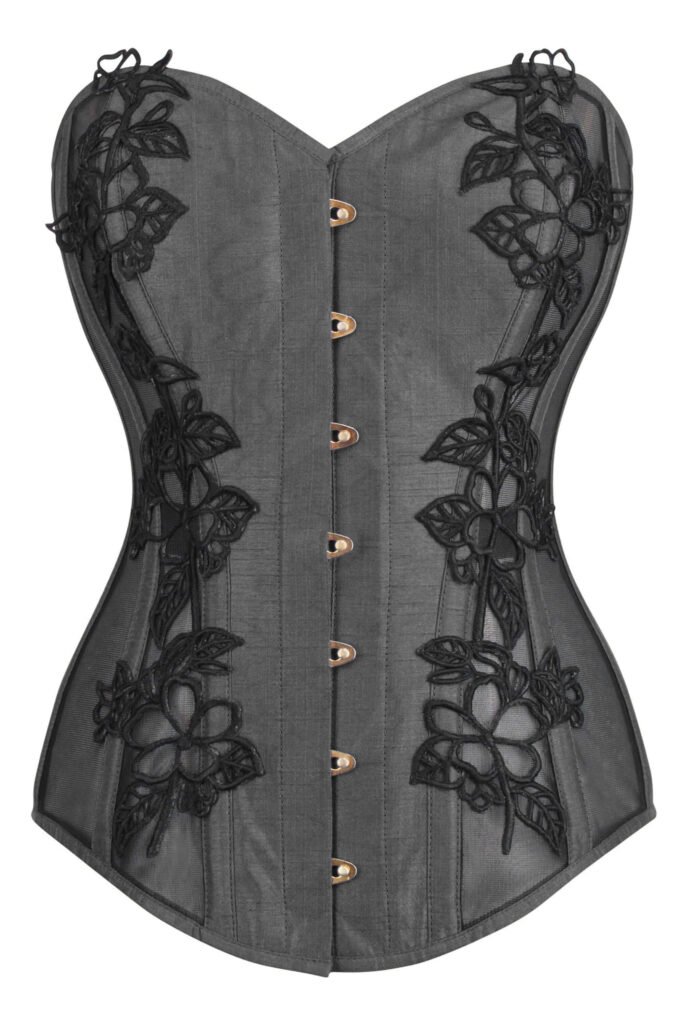 Black Longline Overbust Gothic Corset with Lace and Mesh