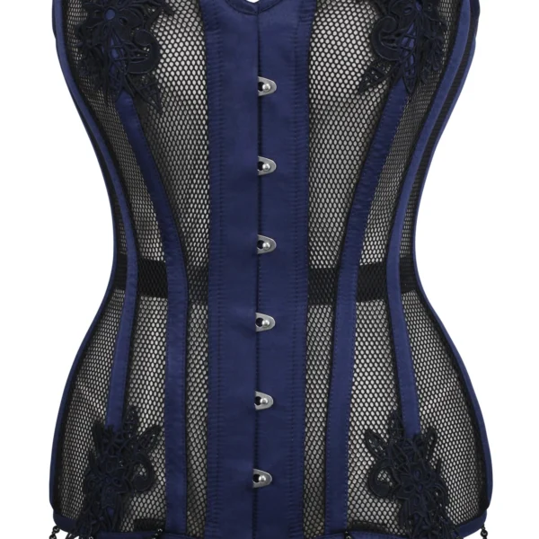 Navy Blue with Black Mesh and Lace Overbust Corset