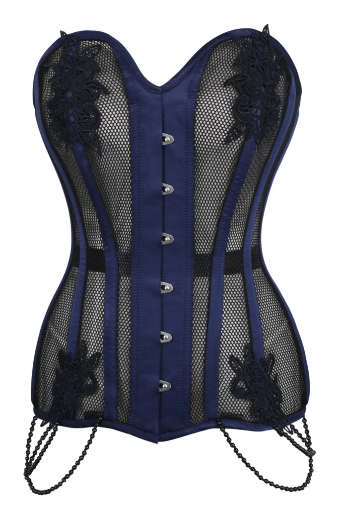 Navy Blue with Black Mesh and Lace Overbust Corset