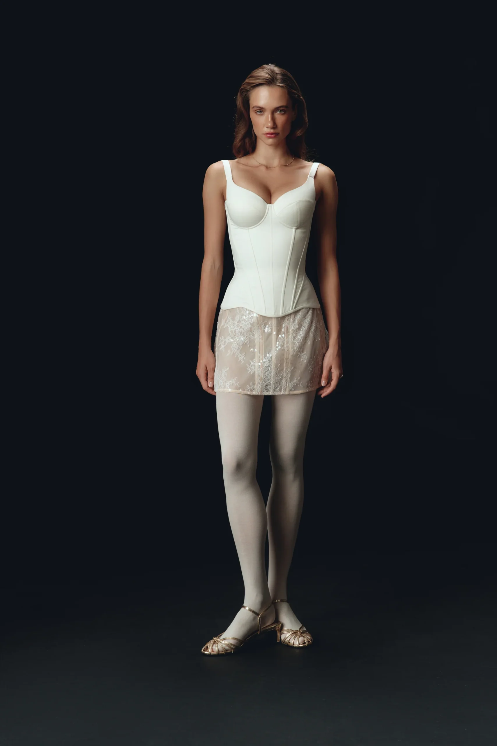 Off-White Satin Corset Top with Fixed Shoulder Straps Off-White Satin Corset Top with Fixed Shoulder Straps