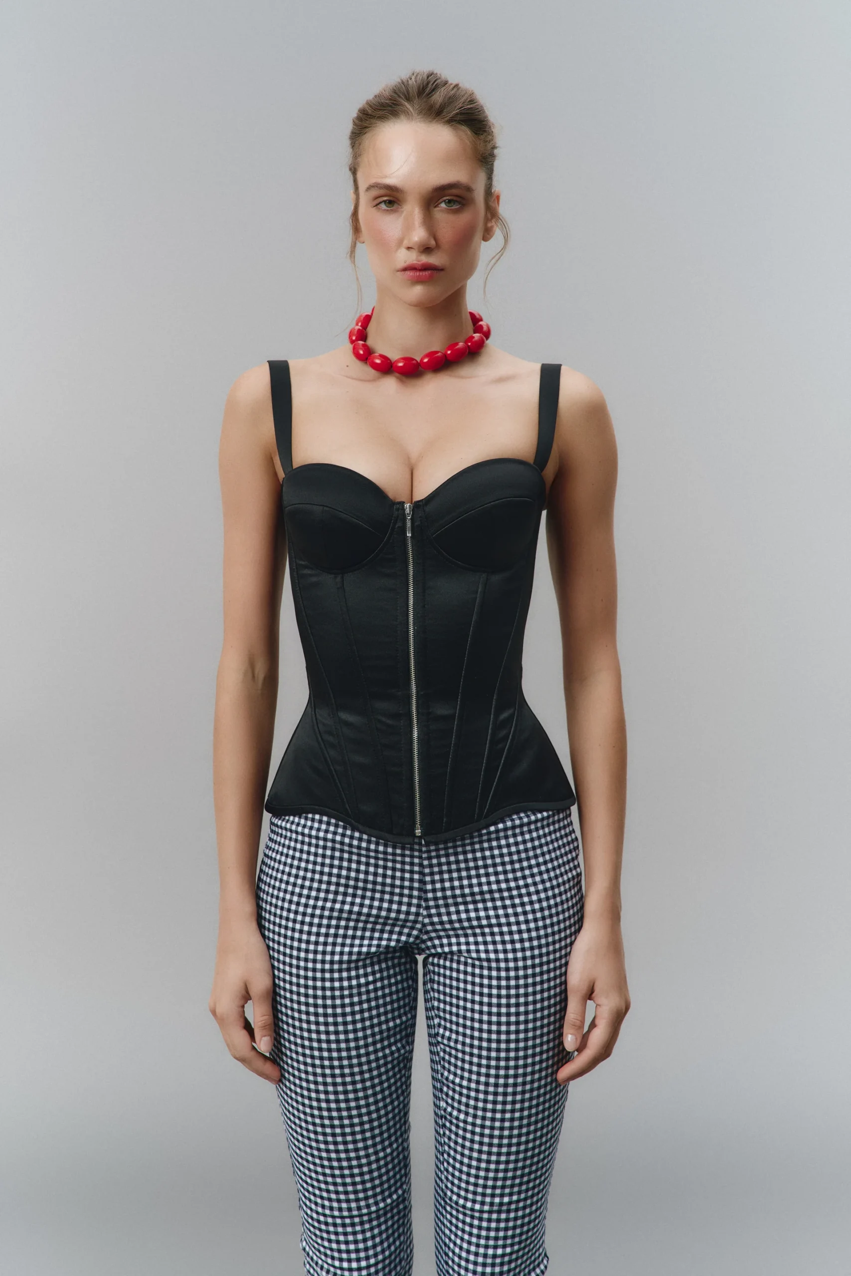 Black Corset Top with Removable Shoulder Straps and Front Zip Black Corset Top with Removable Shoulder Straps and Front Zip
