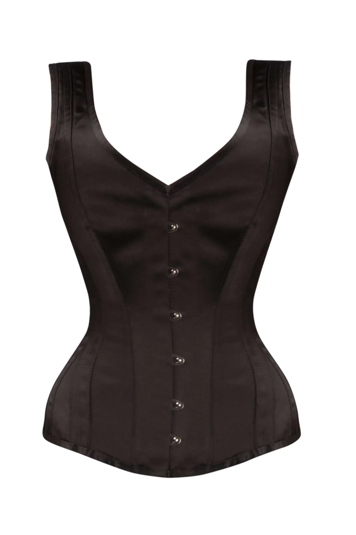 Waist Taming Black Satin Gothic Overbust Corset With Straps
