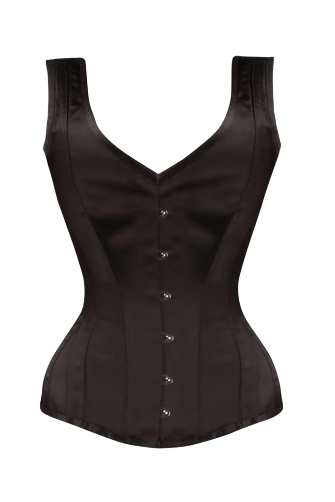 Waist Taming Black Satin Gothic Overbust Corset With Straps