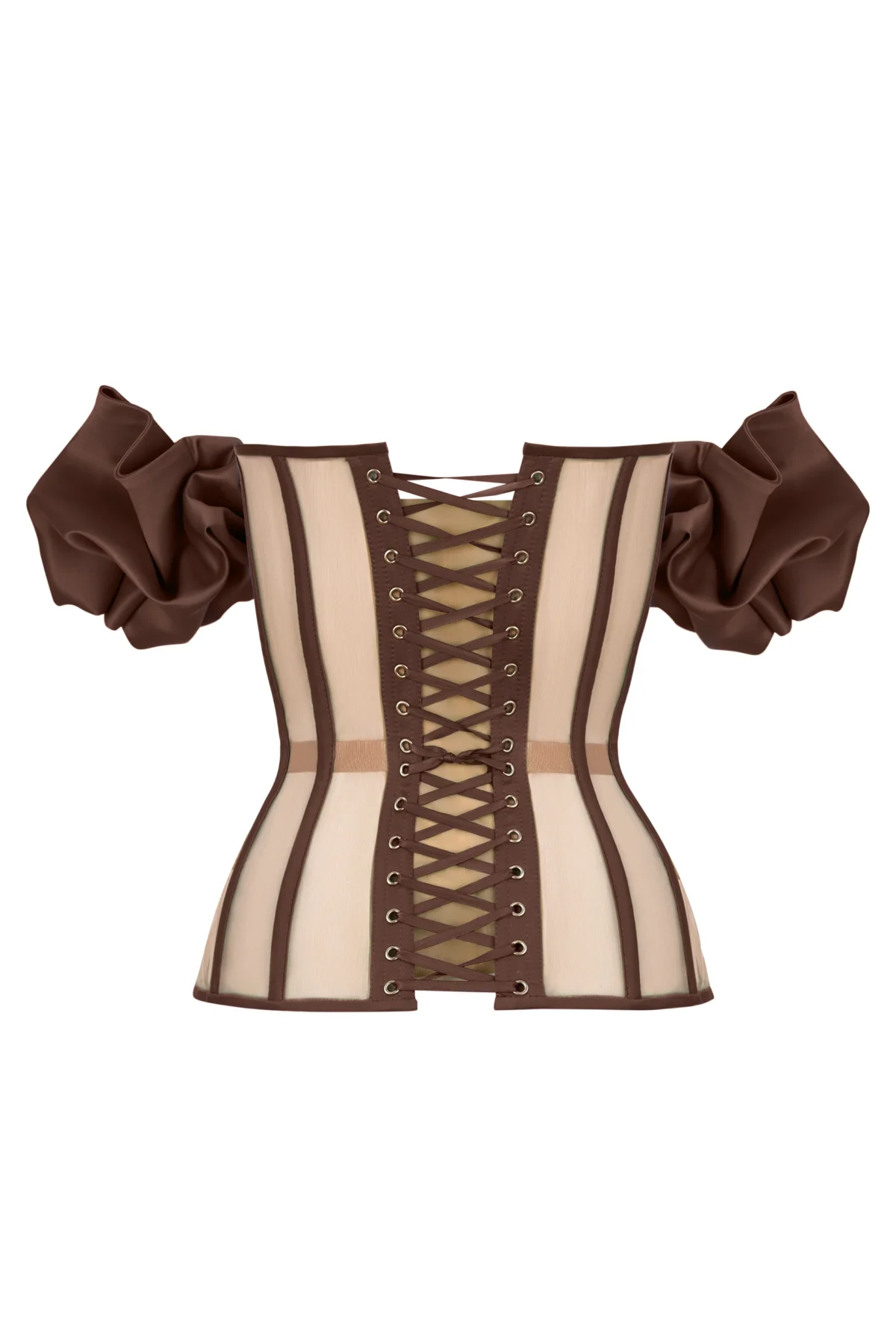Brown Satin Corset with Transparent Back and Detachable Sleeves