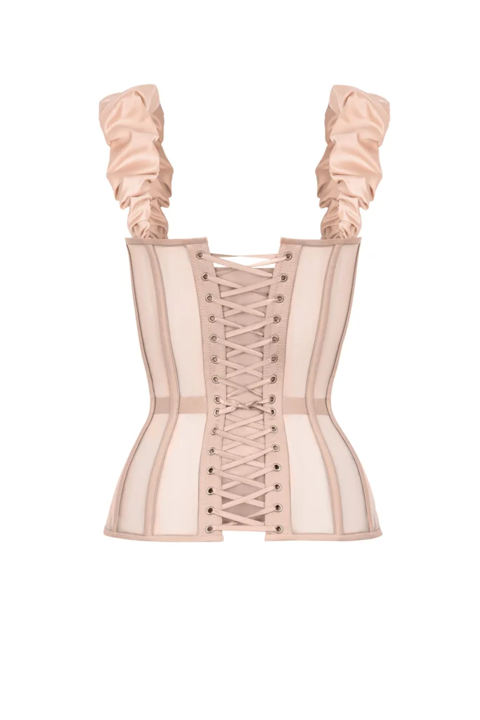 Beige Overbust Satin Corset with Reliefs and Detachable Straps